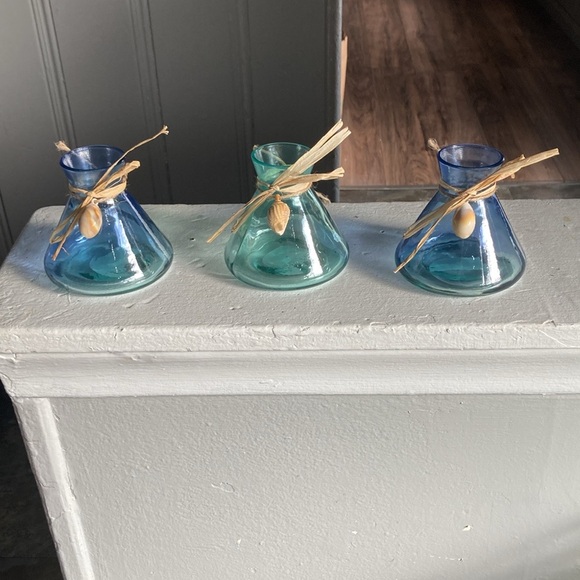 NWT Set of 3- Translucent Beach Glass Bottle Vases with Seashell Accents - Picture 9 of 17